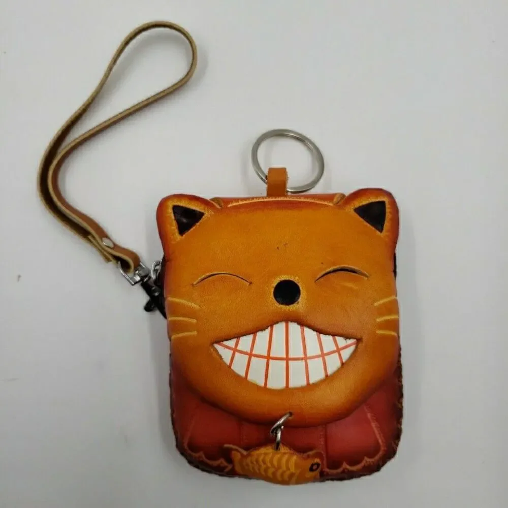 Lucky Cat Coin Purse Leather Maneki Neko Wallet Keychain Fish Charm - Picture 14 of 14